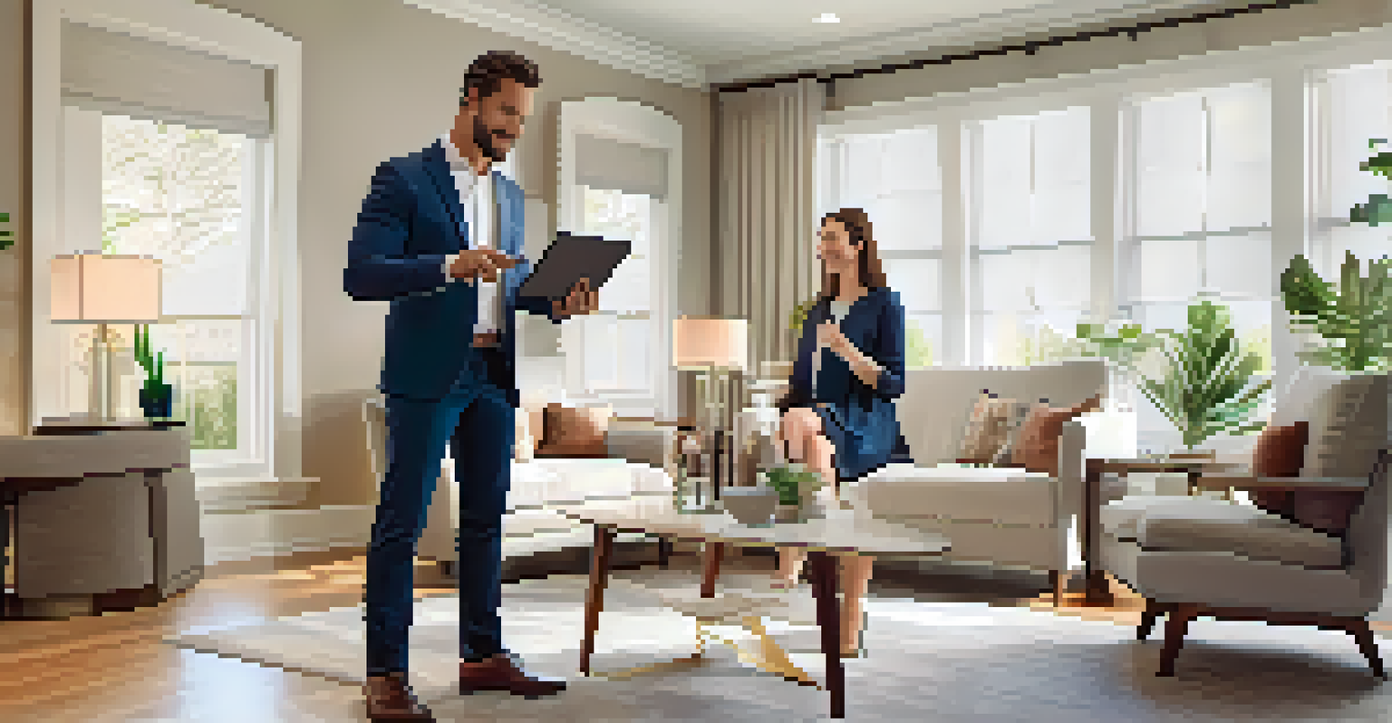 A real estate agent showing a virtual tour to a couple in a well-decorated home.