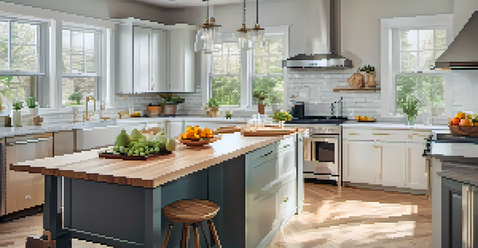 A modern, bright kitchen with large windows, an island with fruits and flowers, and stylish appliances.