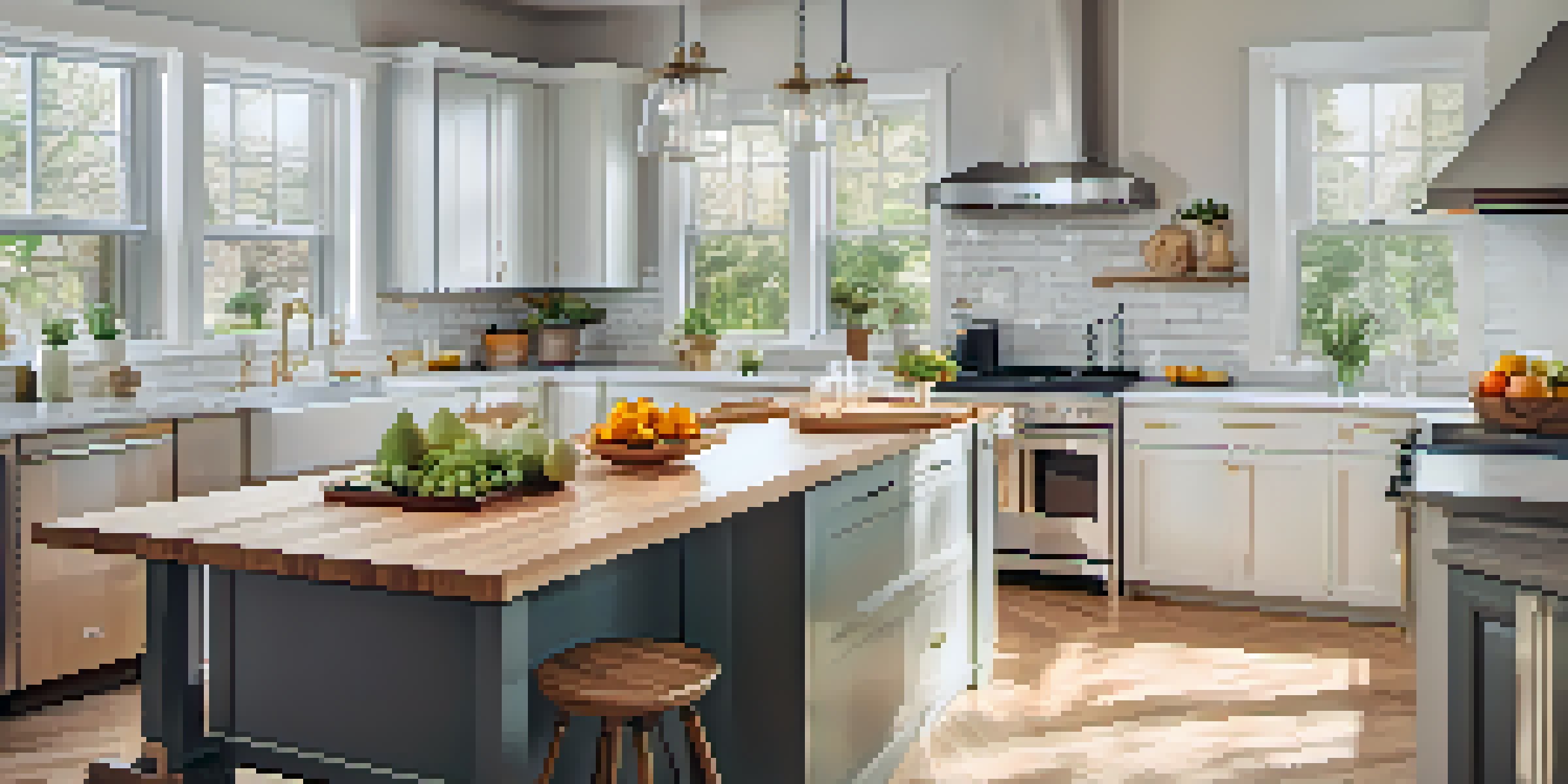 A modern, bright kitchen with large windows, an island with fruits and flowers, and stylish appliances.