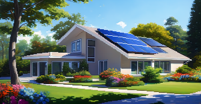 A contemporary house equipped with solar panels on the roof, set in a green environment with flowers and trees under a sunny sky.