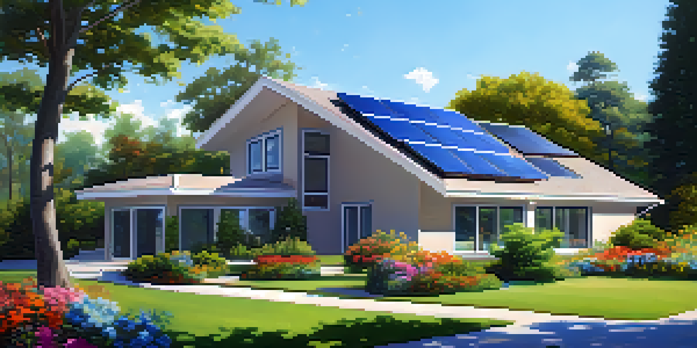 A contemporary house equipped with solar panels on the roof, set in a green environment with flowers and trees under a sunny sky.