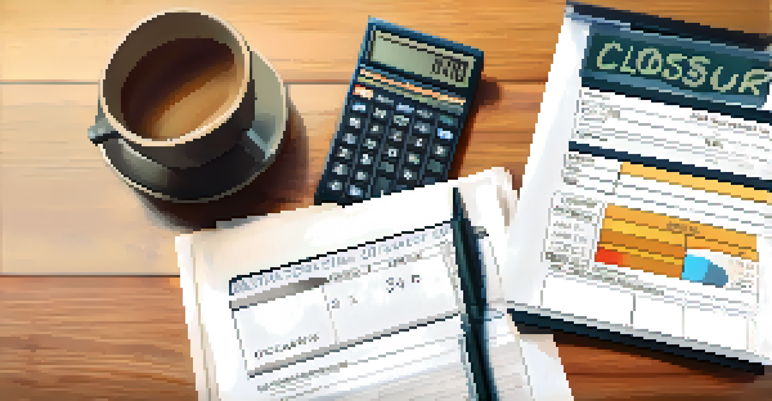 An overhead view of closing documents, a calculator, and a cup of coffee on a desk.