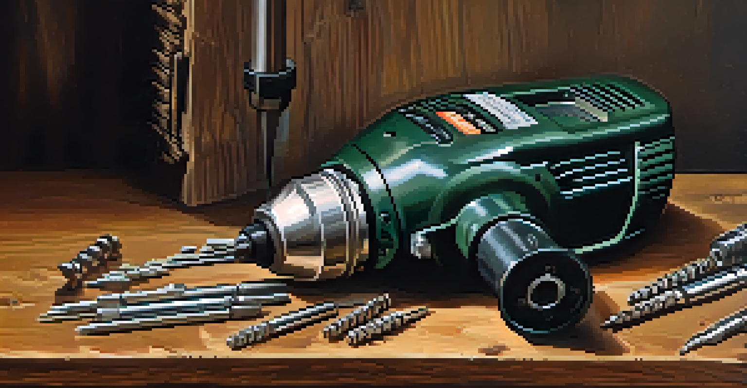 A cordless power drill with various drill bits on a rustic wooden table, illuminated by warm light.