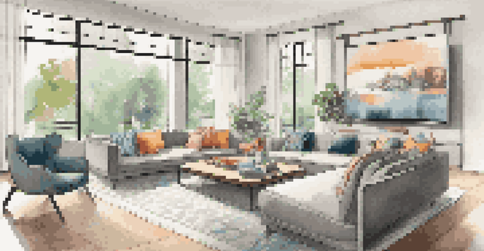 A bright living room with a large screen displaying a virtual tour of a property, featuring large windows and a cozy sofa.