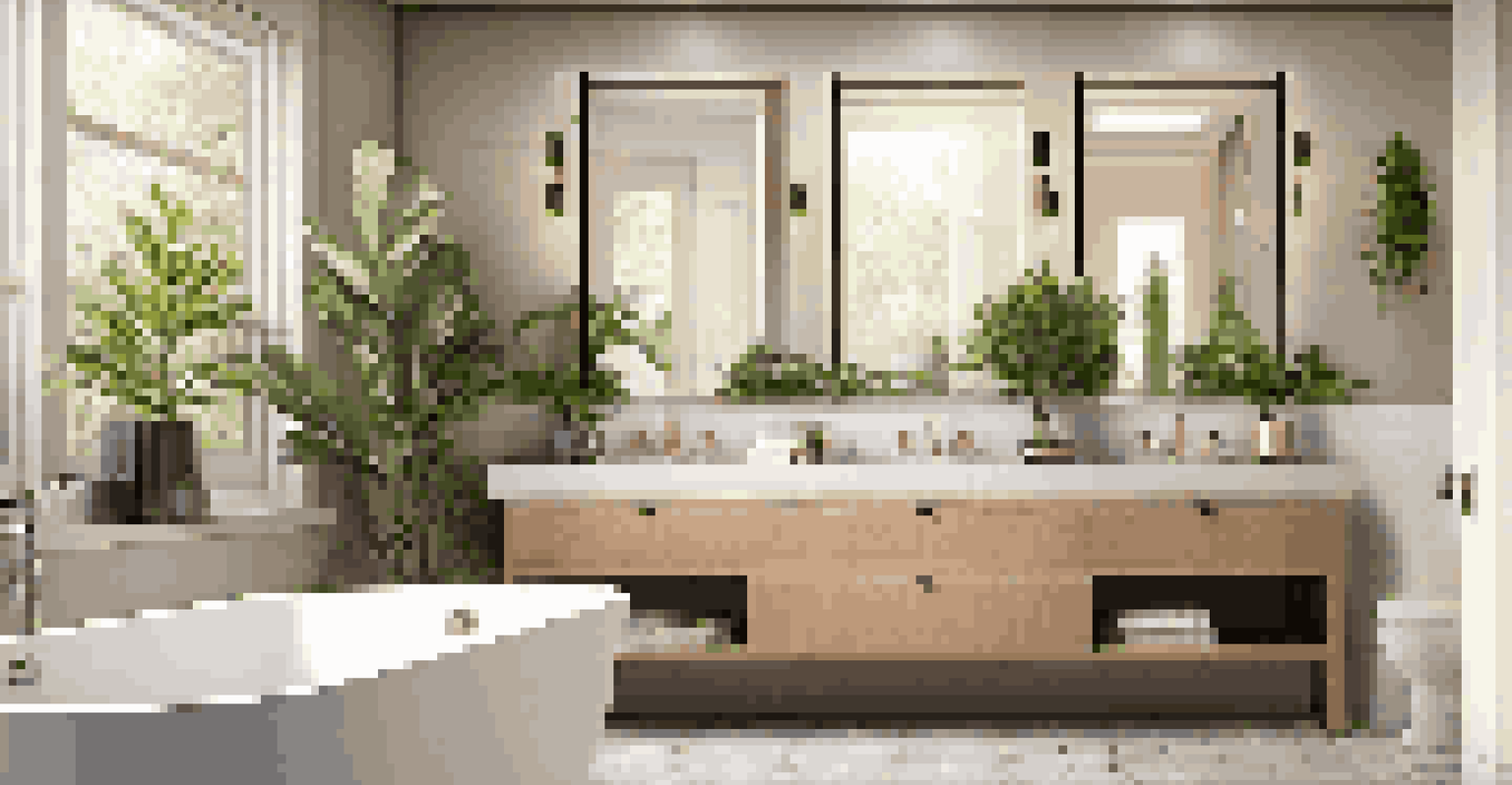 A stylish bathroom with a soaking tub, vanity, and soft lighting, enhanced with decorative plants.