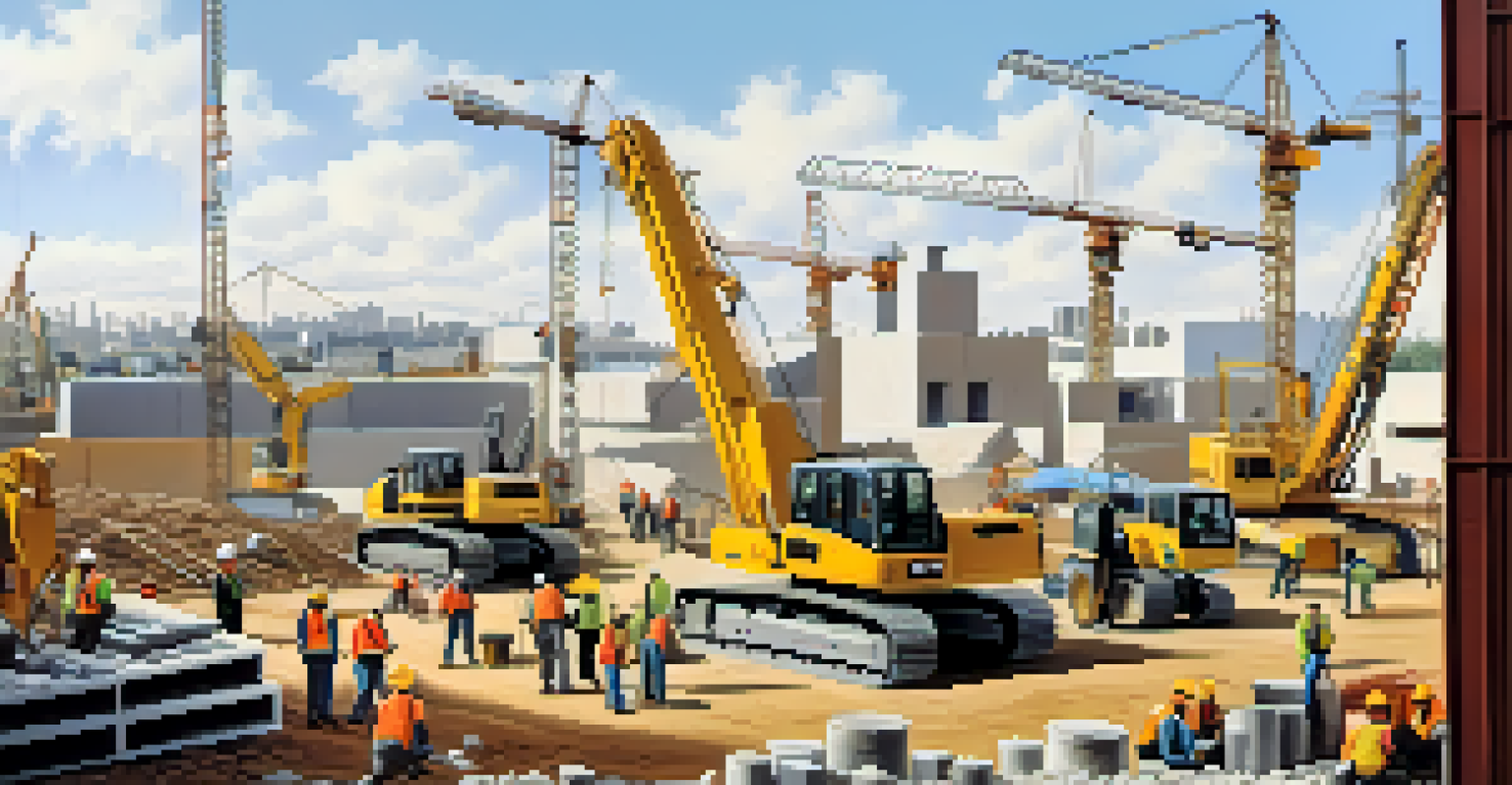 A busy construction site with diverse workers constructing homes and infrastructure, illustrating job creation linked to property taxes.