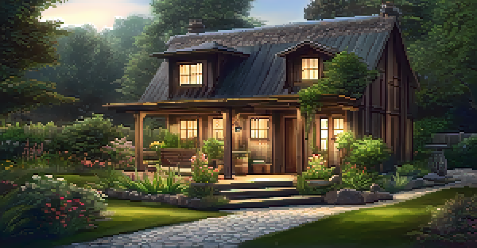 A cozy rustic cottage with reclaimed wood, vibrant garden, and inviting personal touches, softly lit at night.