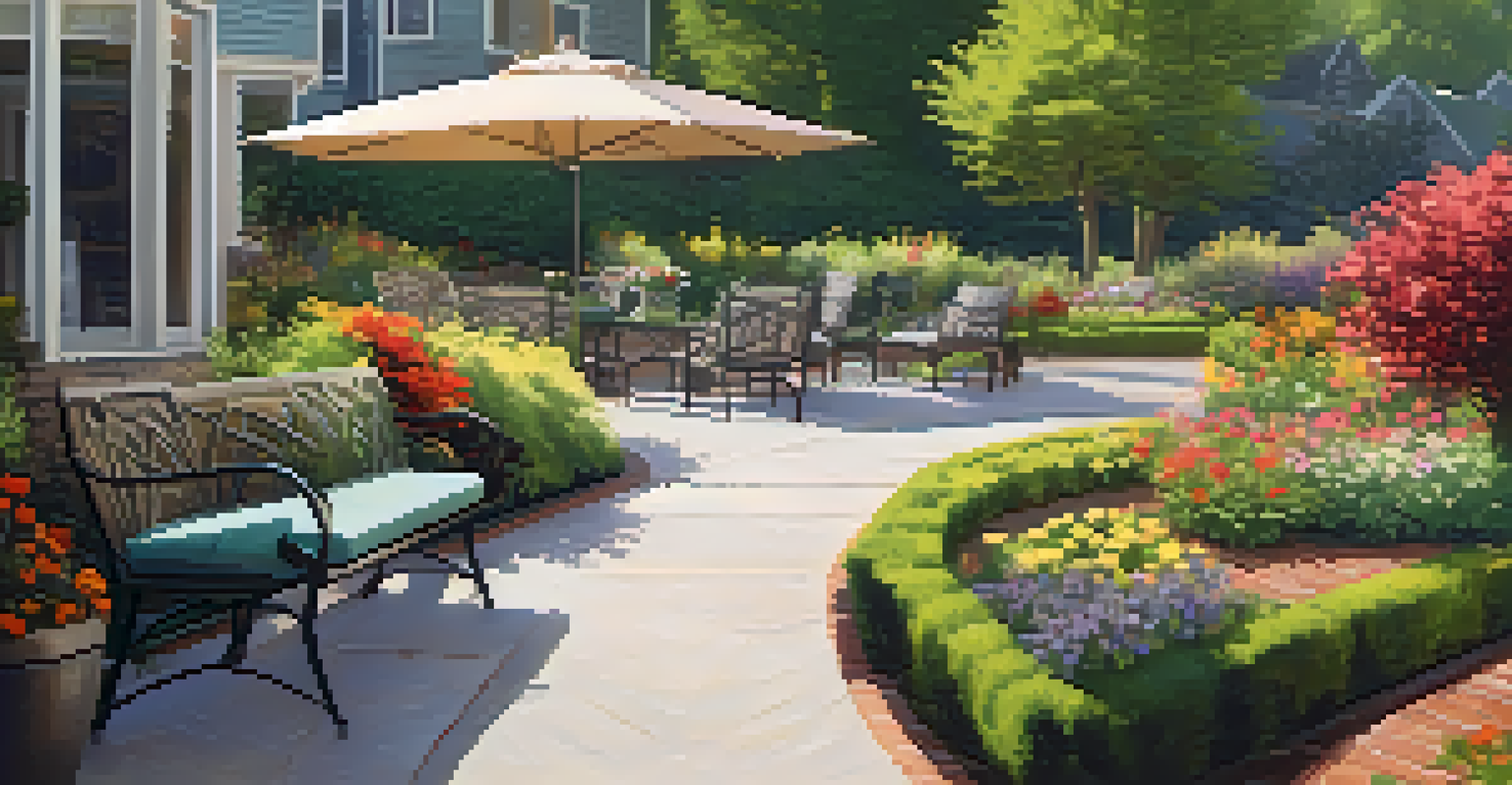 A serene outdoor garden designed for accessibility, featuring wide pathways, vibrant flowers, and comfortable seating.