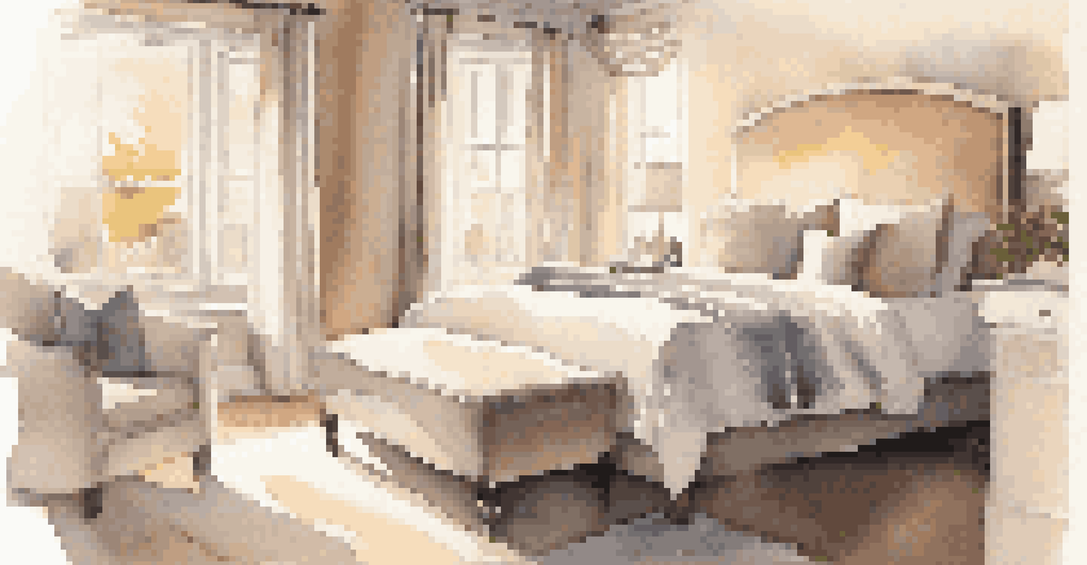 A serene bedroom with soft lighting, a large bed, and light-colored walls creating a relaxing atmosphere.