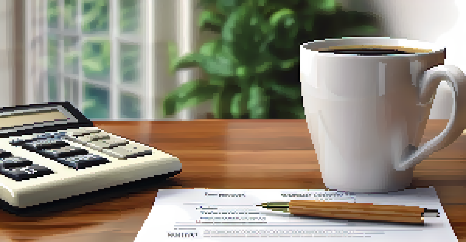 A close-up of a home warranty document on a desk with a calculator, house model, and a cup of coffee.