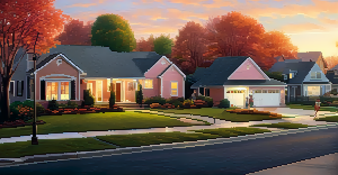 A peaceful suburban neighborhood at sunset with families enjoying their gardens and colorful trees lining the streets.