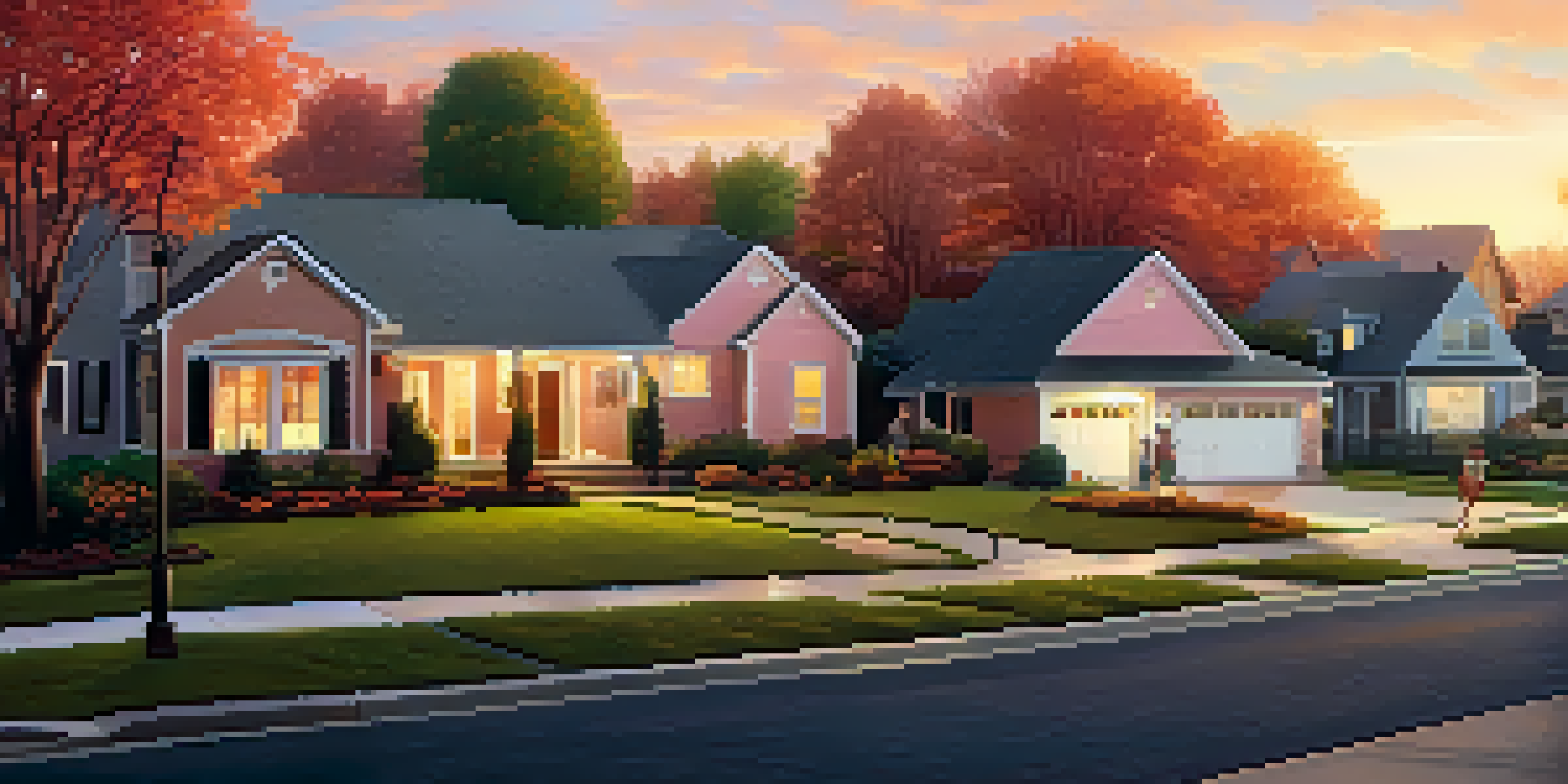 A peaceful suburban neighborhood at sunset with families enjoying their gardens and colorful trees lining the streets.