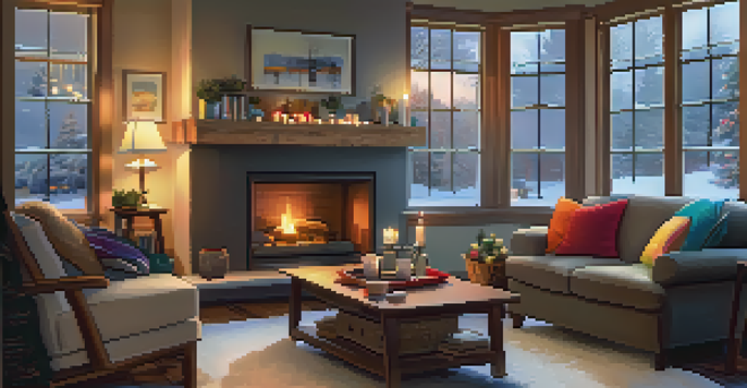 A warm and cozy living room with a fireplace, plush sofas, and snow falling outside the window.