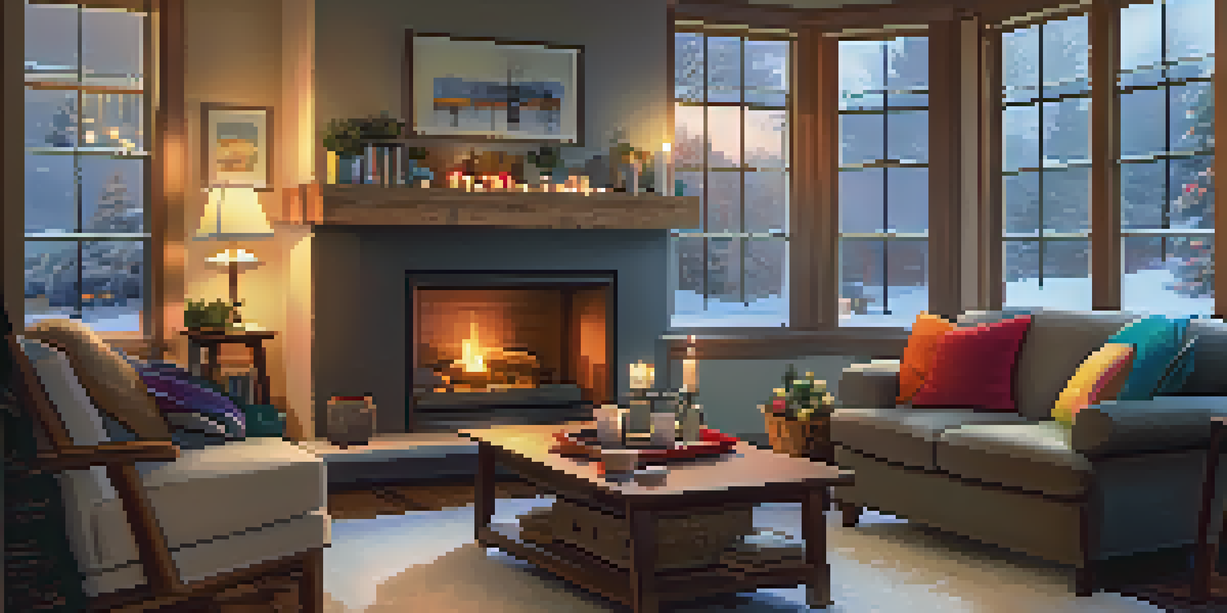A warm and cozy living room with a fireplace, plush sofas, and snow falling outside the window.