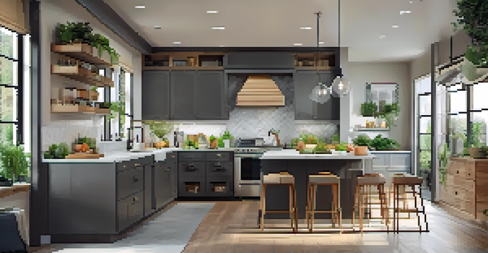 A modern kitchen with bright countertops, organized cabinets, and large windows letting in natural light.