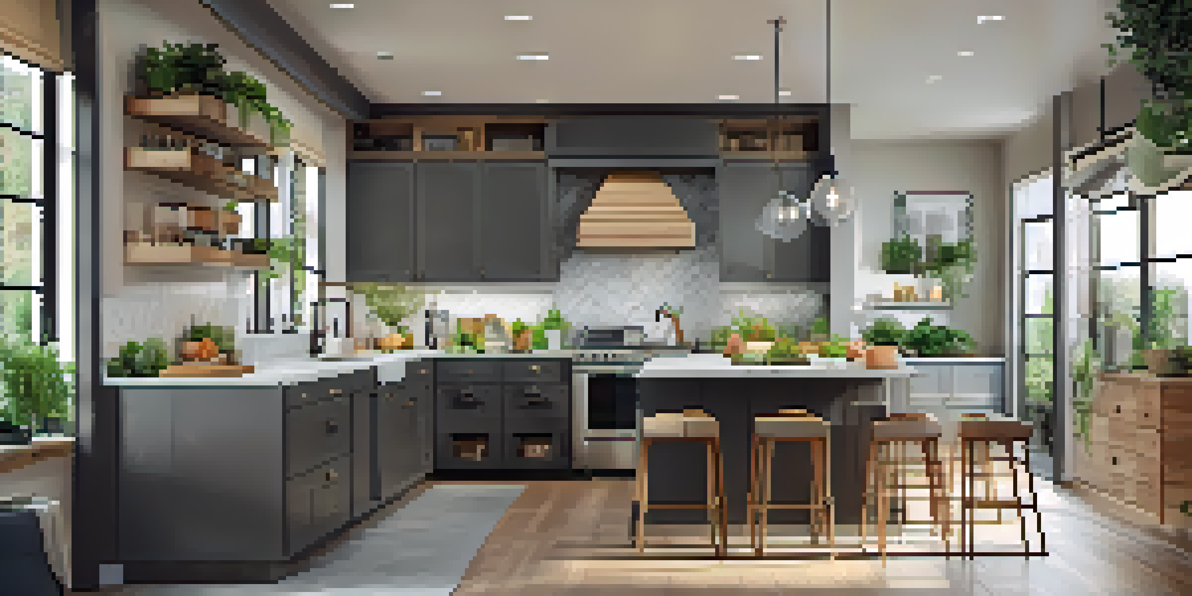 A modern kitchen with bright countertops, organized cabinets, and large windows letting in natural light.
