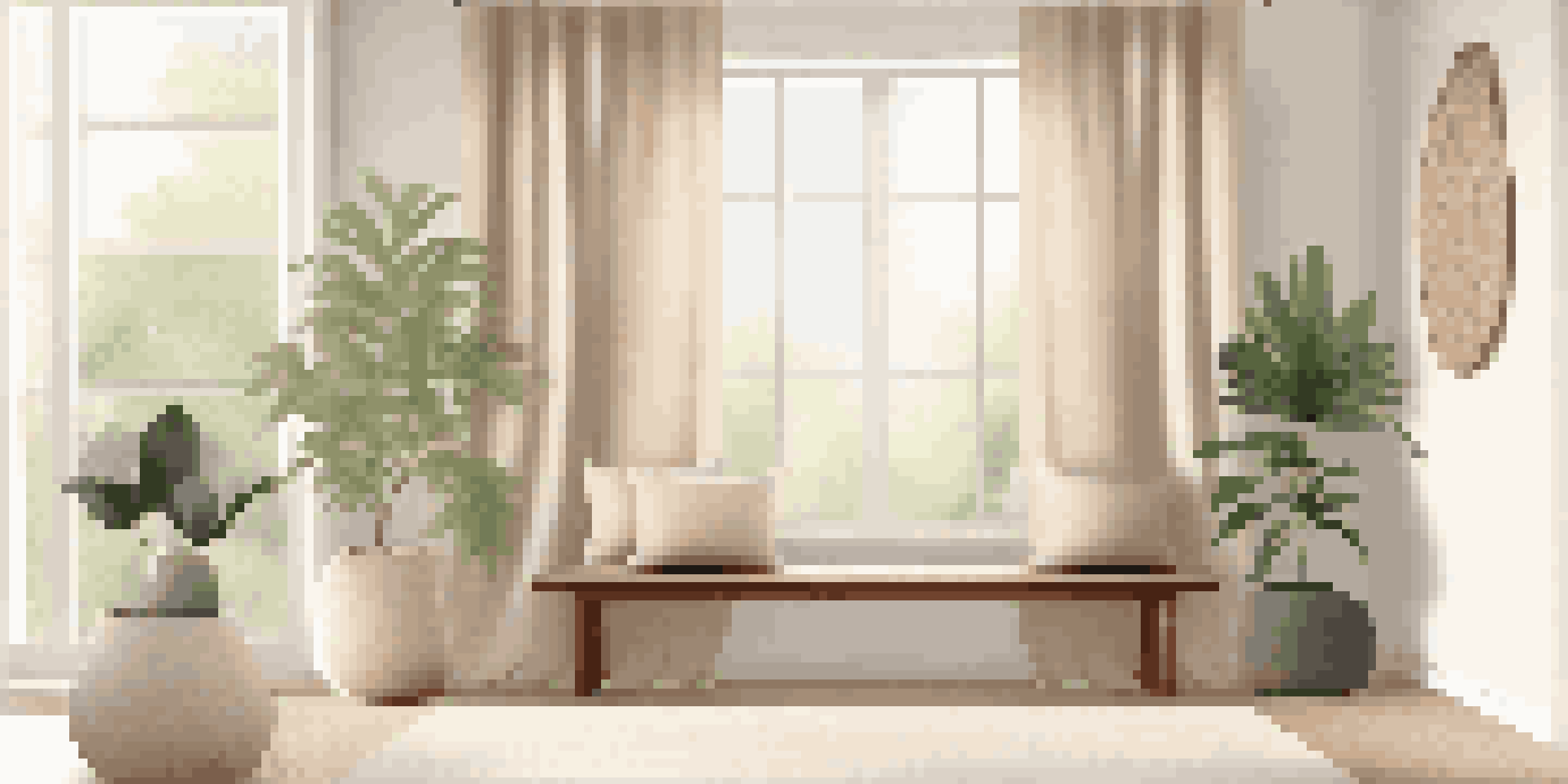 A calming entryway with minimalist design, featuring a wooden bench, a potted fern, and soft natural light.