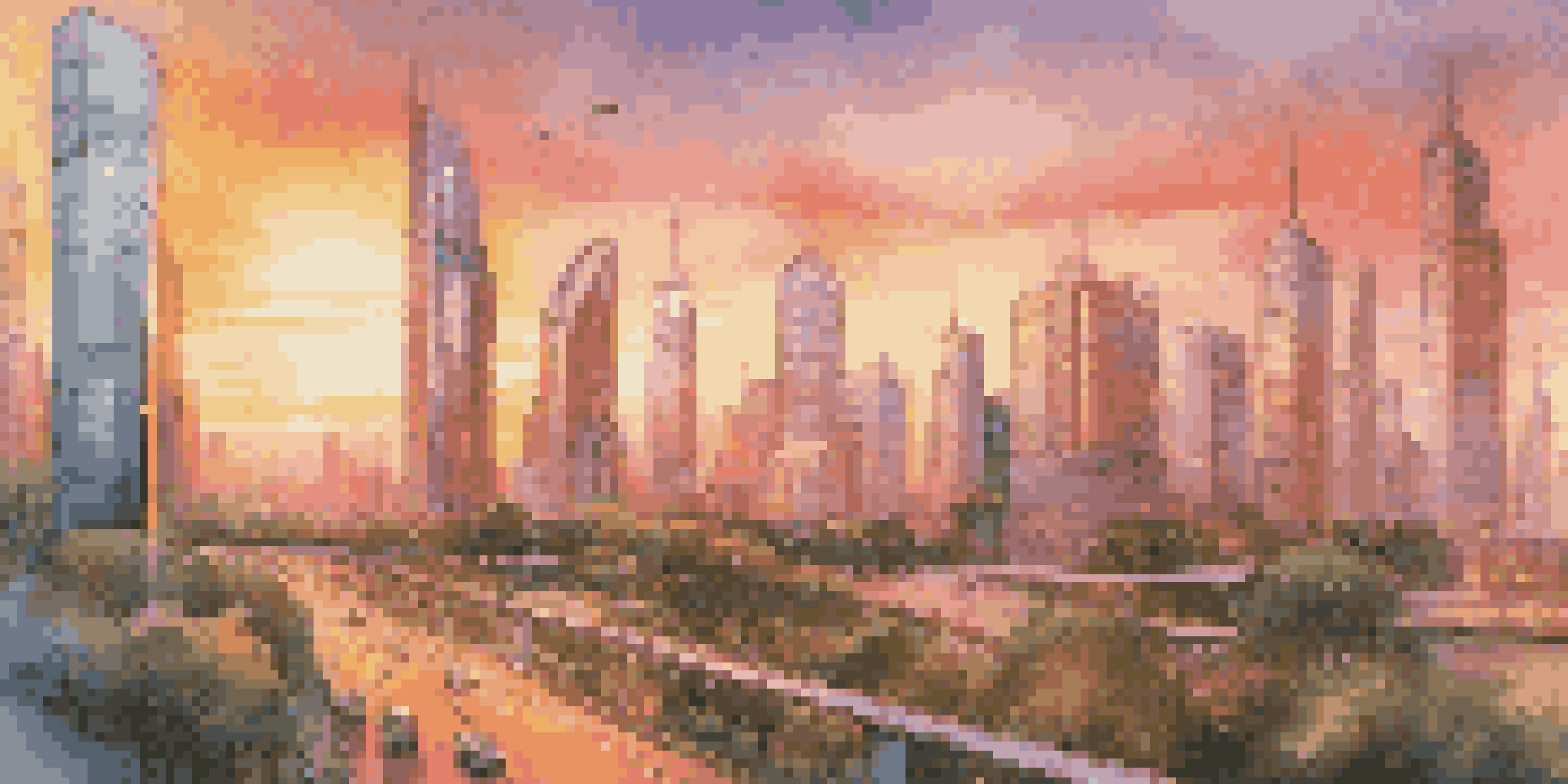 A vibrant smart city skyline at sunset with futuristic buildings, green spaces, and smart transportation systems.
