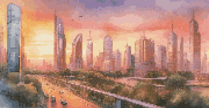 A vibrant smart city skyline at sunset with futuristic buildings, green spaces, and smart transportation systems.