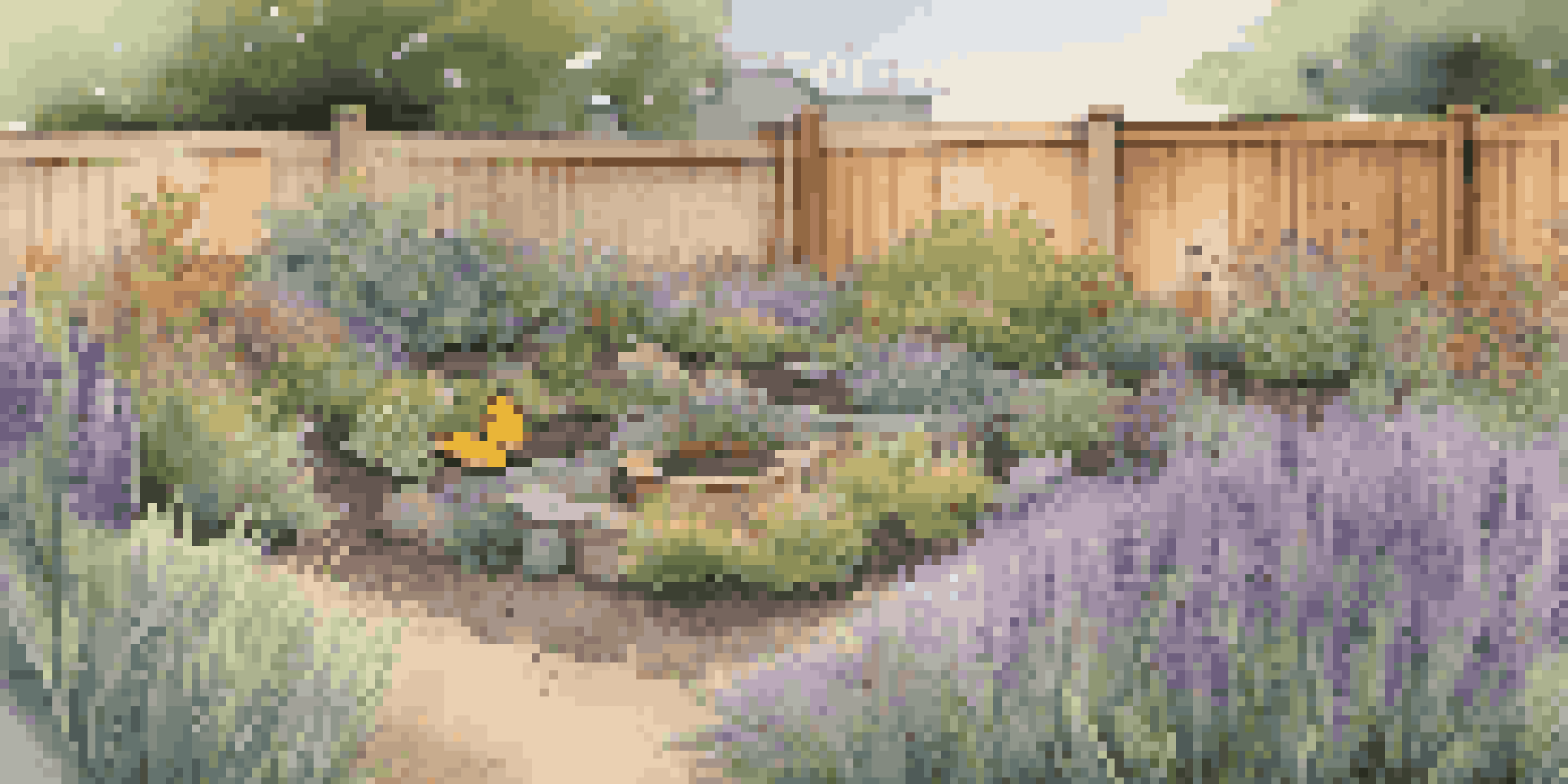 A vibrant sustainable garden with native plants, a compost bin, and butterflies, showcasing rich soil and organic mulch.