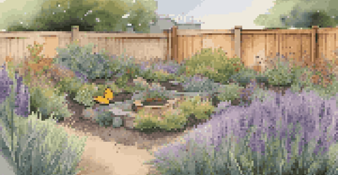A vibrant sustainable garden with native plants, a compost bin, and butterflies, showcasing rich soil and organic mulch.