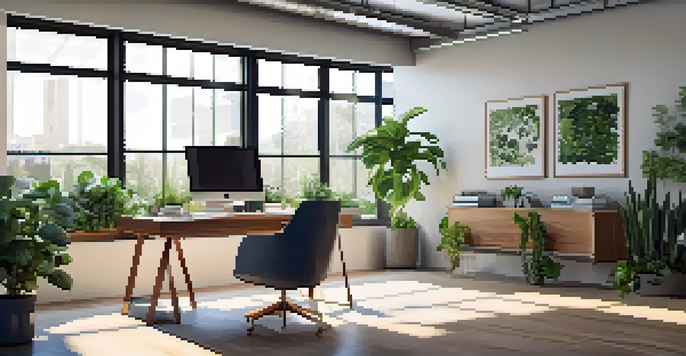 A modern office desk with a laptop and indoor plants, illuminated by natural light from a window.