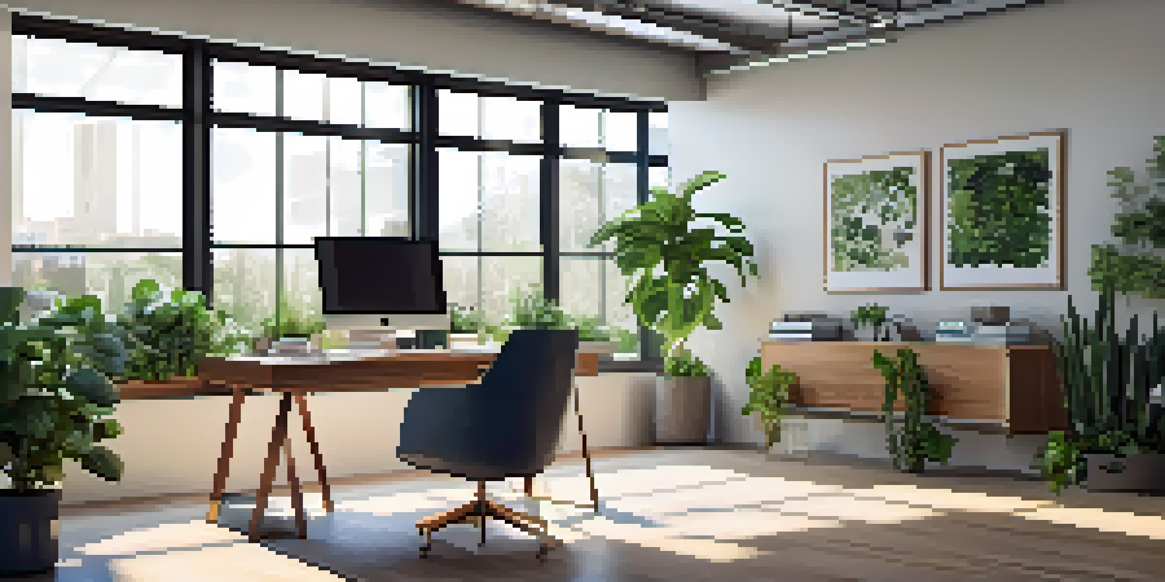 A modern office desk with a laptop and indoor plants, illuminated by natural light from a window.