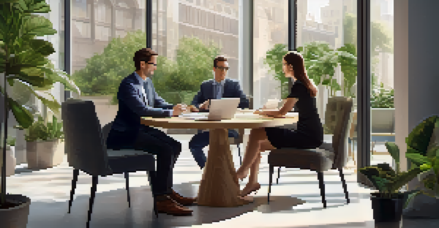 Two professionals discussing a contract in a serene office environment with a laptop and plants in the background.