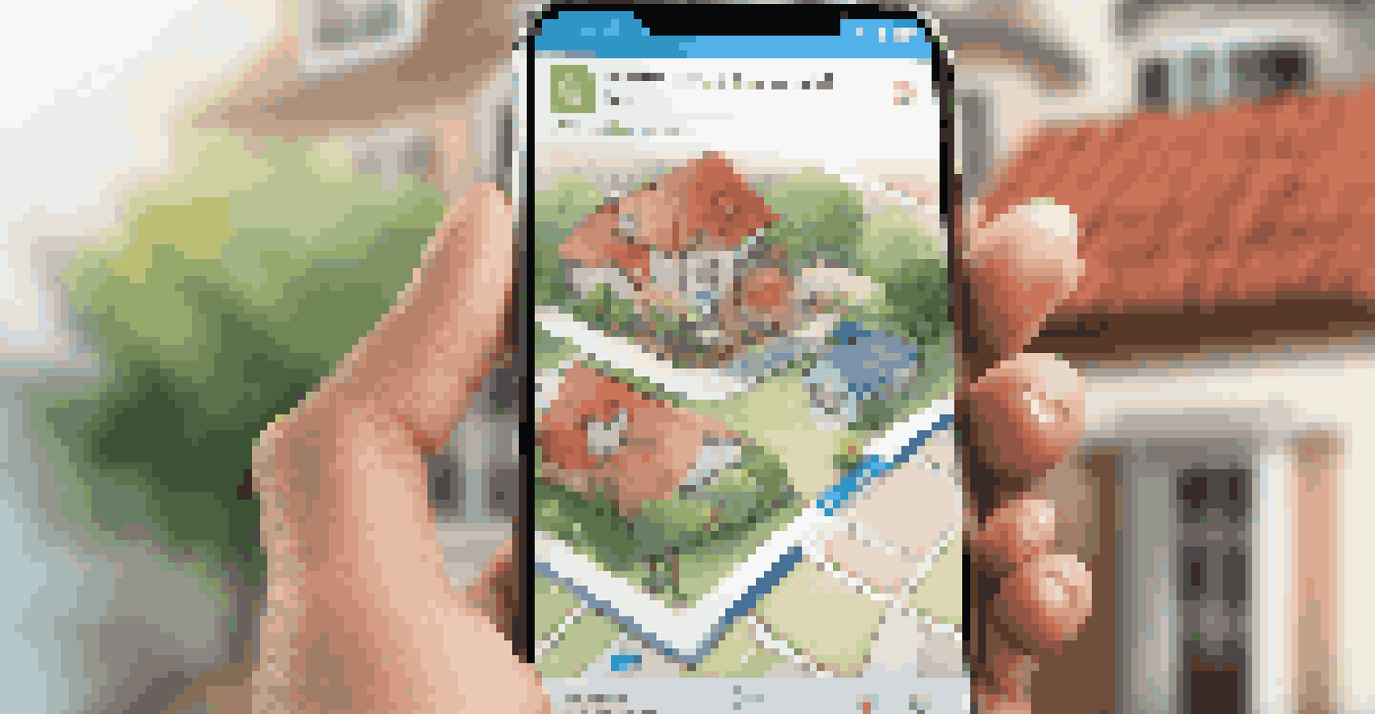 A close-up of a smartphone showing a real estate app with images of properties and maps, set in a cozy home environment.