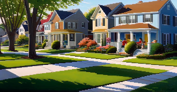 A peaceful suburban neighborhood with various homes and colorful flower beds, illuminated by the warm evening sunlight.
