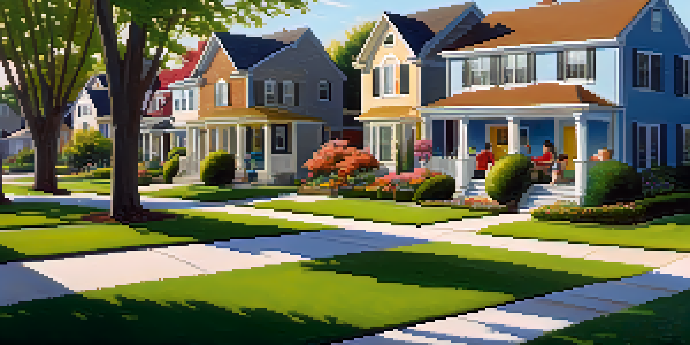 A peaceful suburban neighborhood with various homes and colorful flower beds, illuminated by the warm evening sunlight.