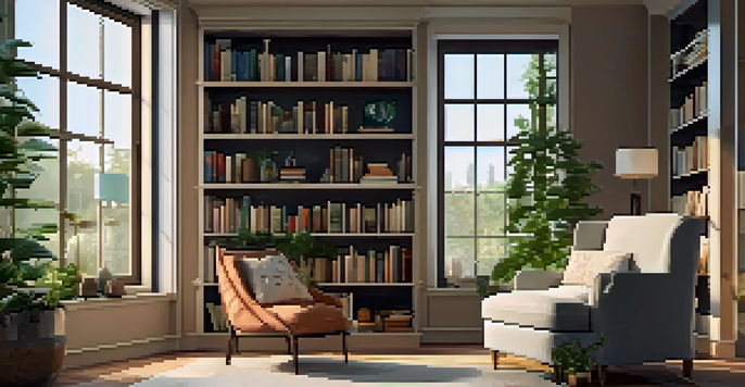 A cozy reading nook with a tall bookshelf, a comfortable armchair, and warm lighting, surrounded by plants and personal decor.