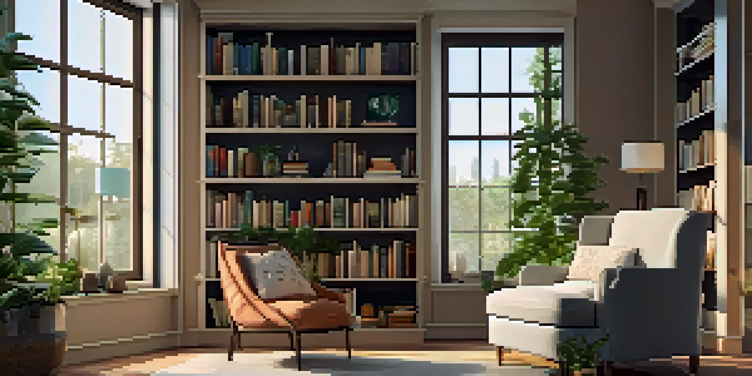 A cozy reading nook with a tall bookshelf, a comfortable armchair, and warm lighting, surrounded by plants and personal decor.