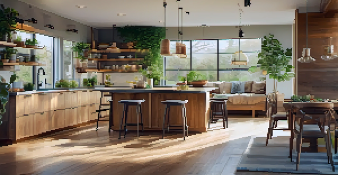 A modern kitchen with an open floor plan, reclaimed wood cabinets, and large windows letting in natural light.