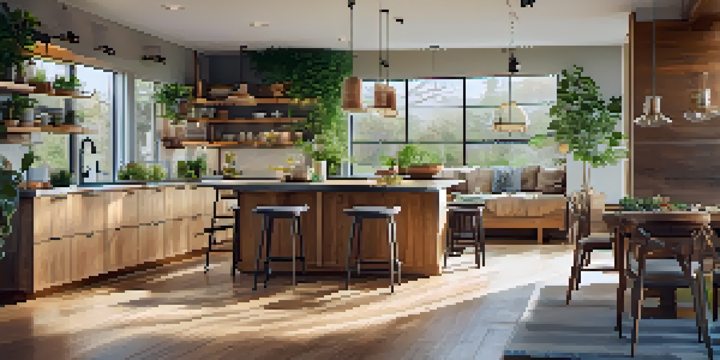 A modern kitchen with an open floor plan, reclaimed wood cabinets, and large windows letting in natural light.