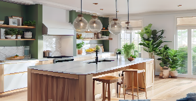 A modern kitchen with an open layout featuring sleek cabinets, a large island, and bright natural light.