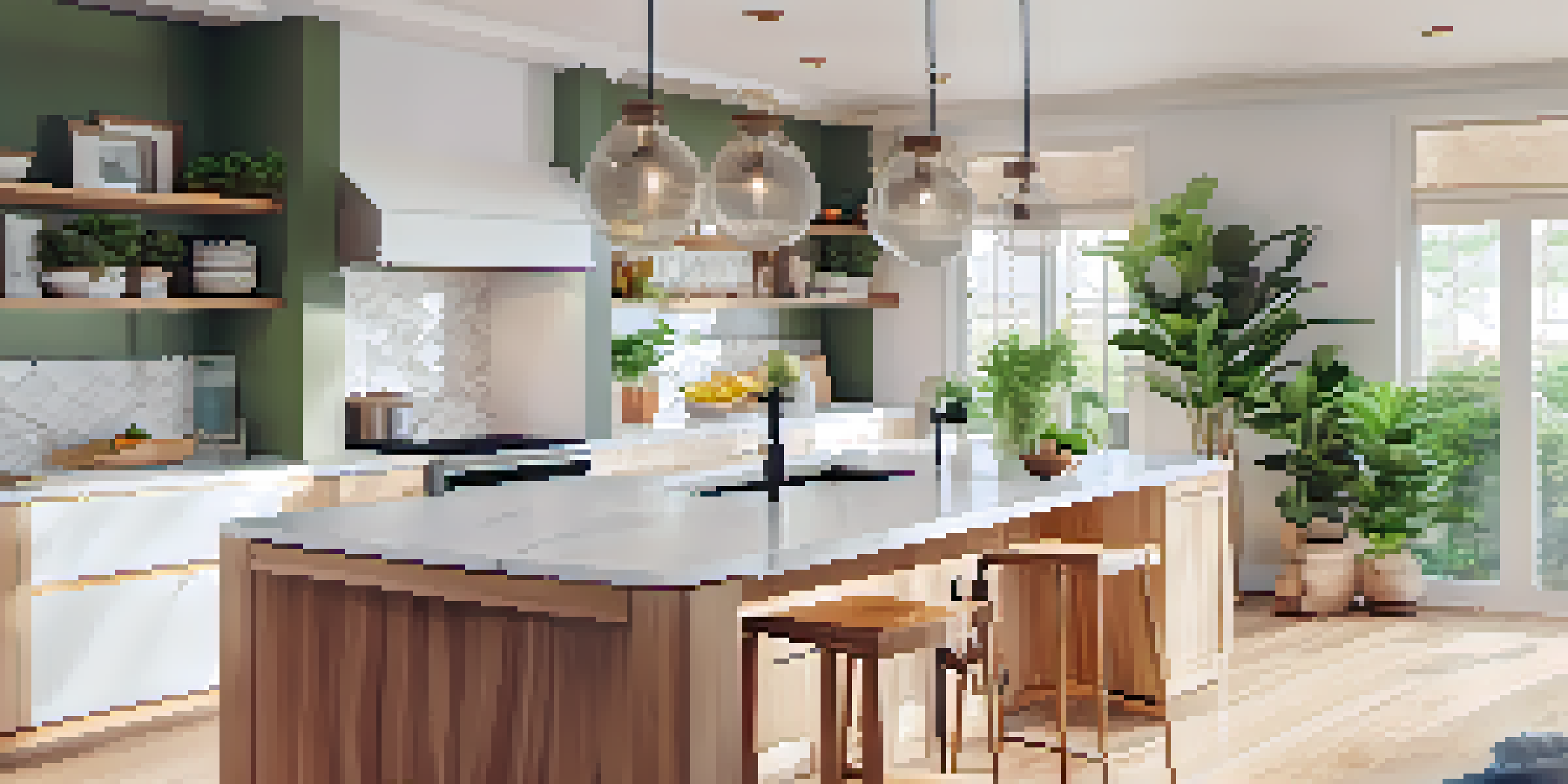 A modern kitchen with an open layout featuring sleek cabinets, a large island, and bright natural light.