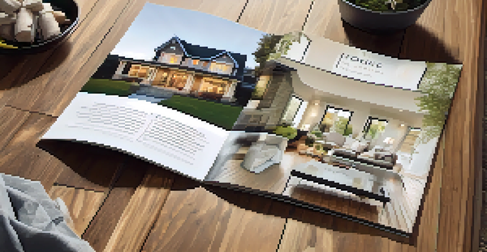 An open house brochure showcasing images of a modern home on a wooden table.
