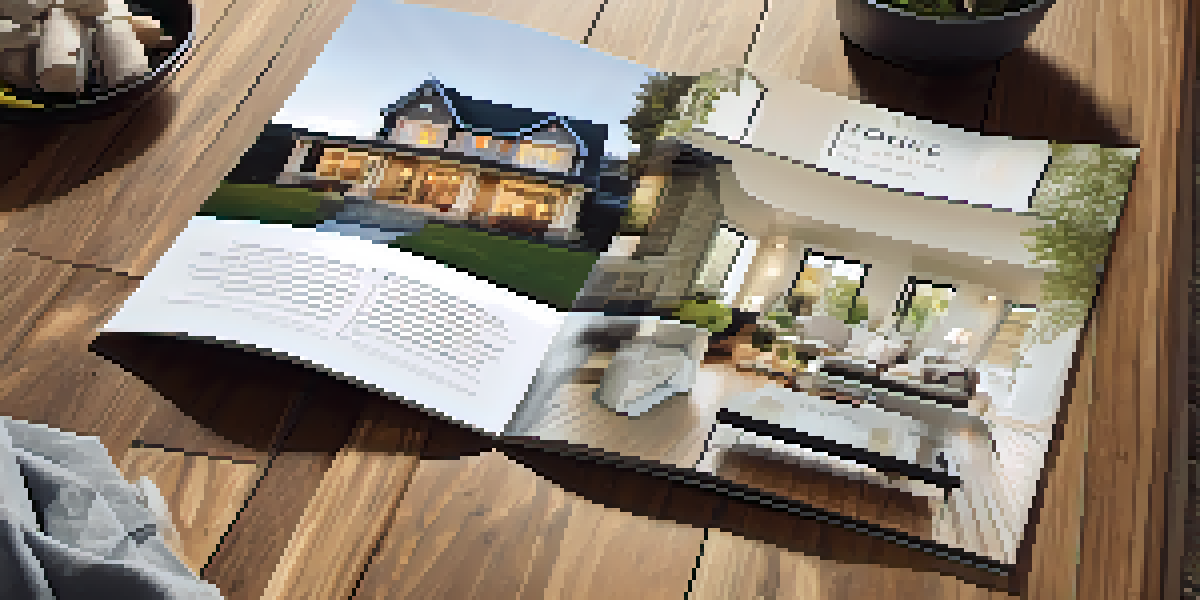 An open house brochure showcasing images of a modern home on a wooden table.