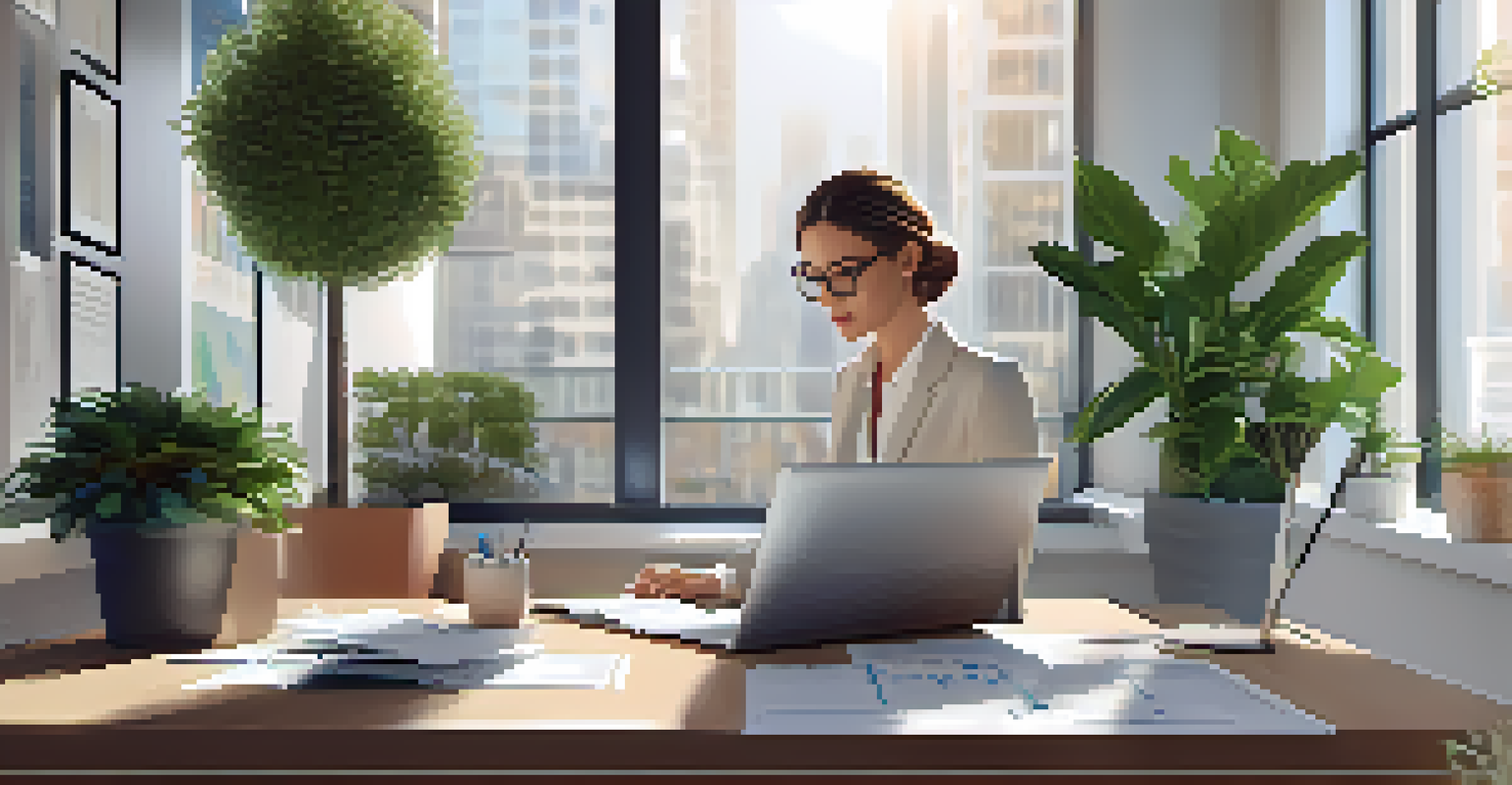 A real estate agent reviewing a CMA report on a laptop in a stylish office setting.