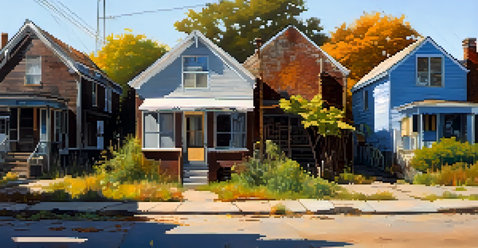 A close-up view of a distressed neighborhood with old houses and a rusty 'For Sale' sign, illuminated by golden hour sunlight.