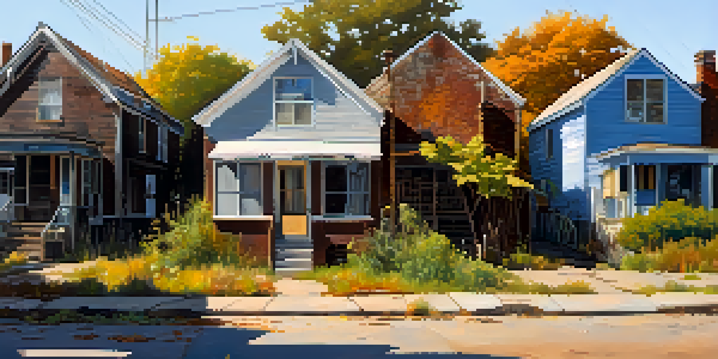 A close-up view of a distressed neighborhood with old houses and a rusty 'For Sale' sign, illuminated by golden hour sunlight.