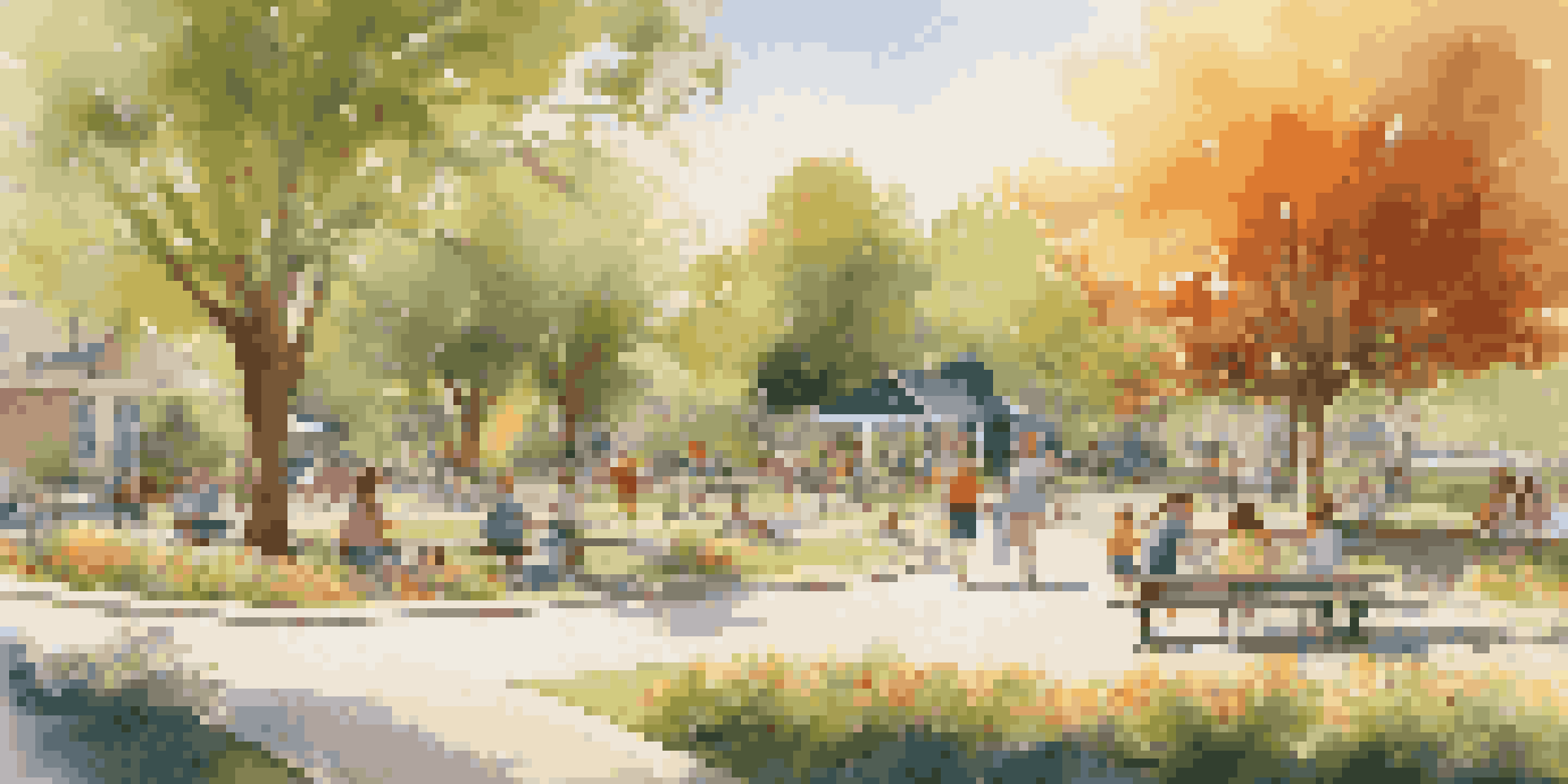 A lively park scene with families, children playing on a playground, and lush greenery under soft sunlight.