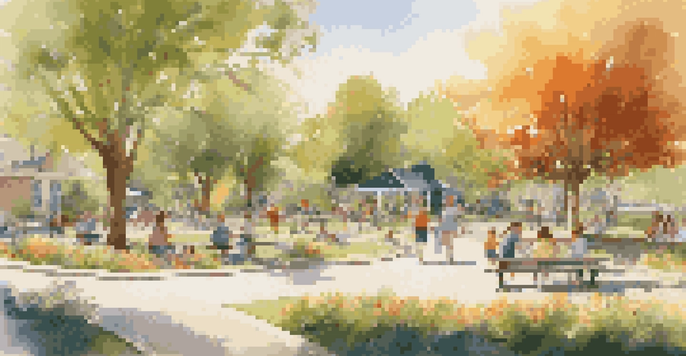 A lively park scene with families, children playing on a playground, and lush greenery under soft sunlight.