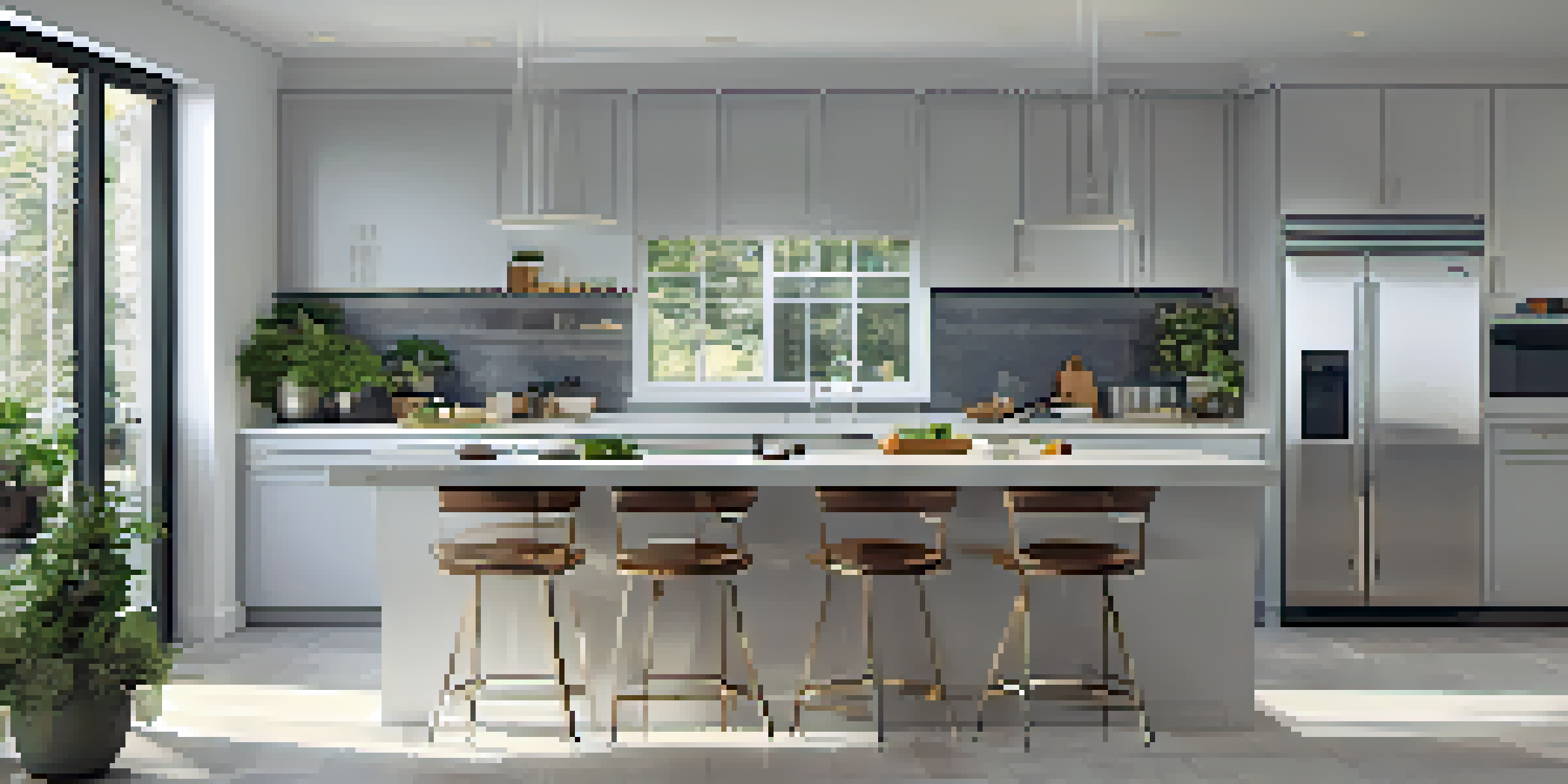 A bright and modern kitchen with energy-efficient appliances, large windows allowing natural light, and green plants on the countertop.