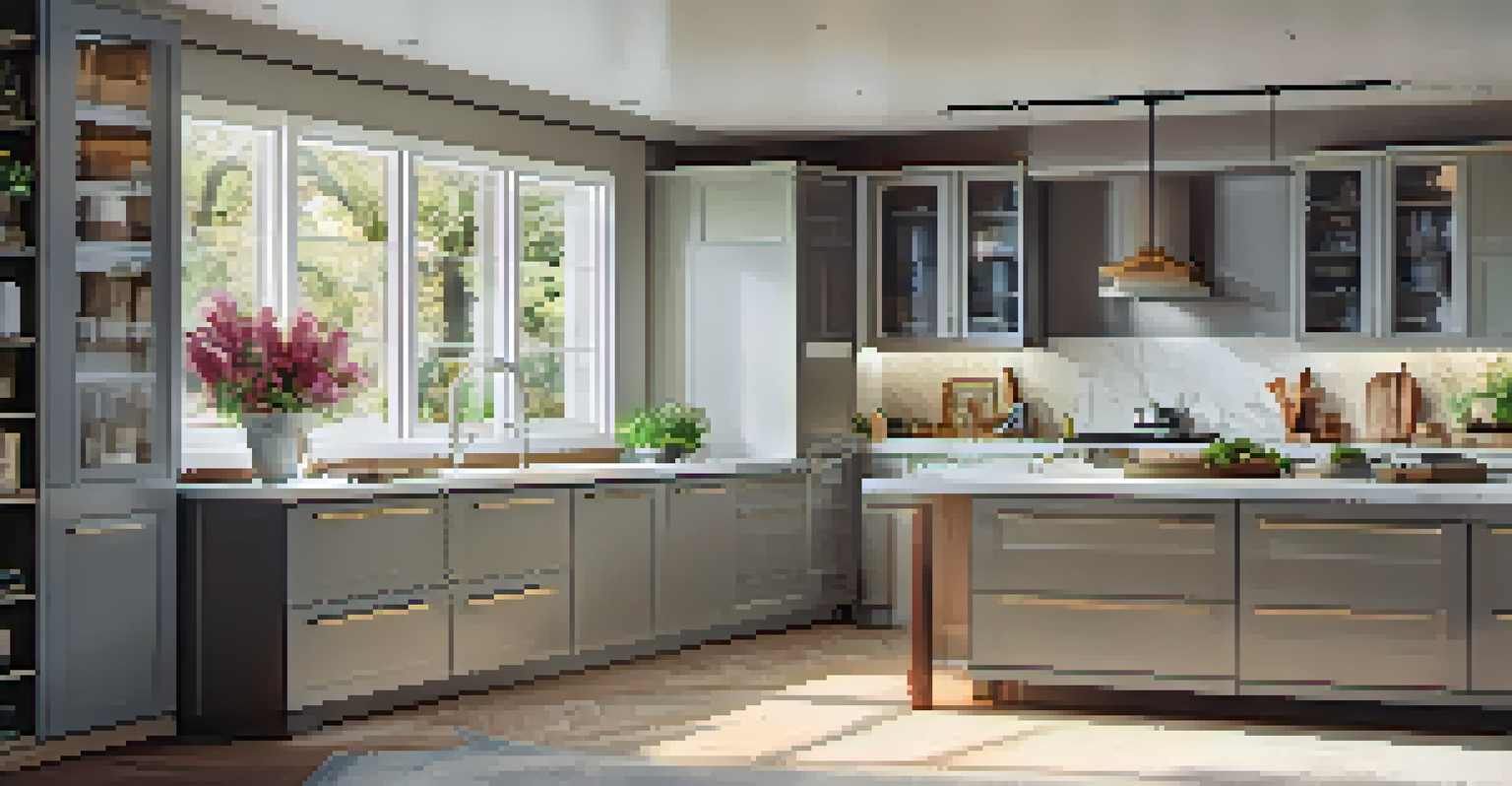 A modern kitchen with an island, fresh flowers, and soft ambient lighting.
