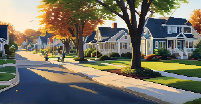 A picturesque suburban neighborhood with diverse houses, green lawns, and children playing in the warm sunlight.
