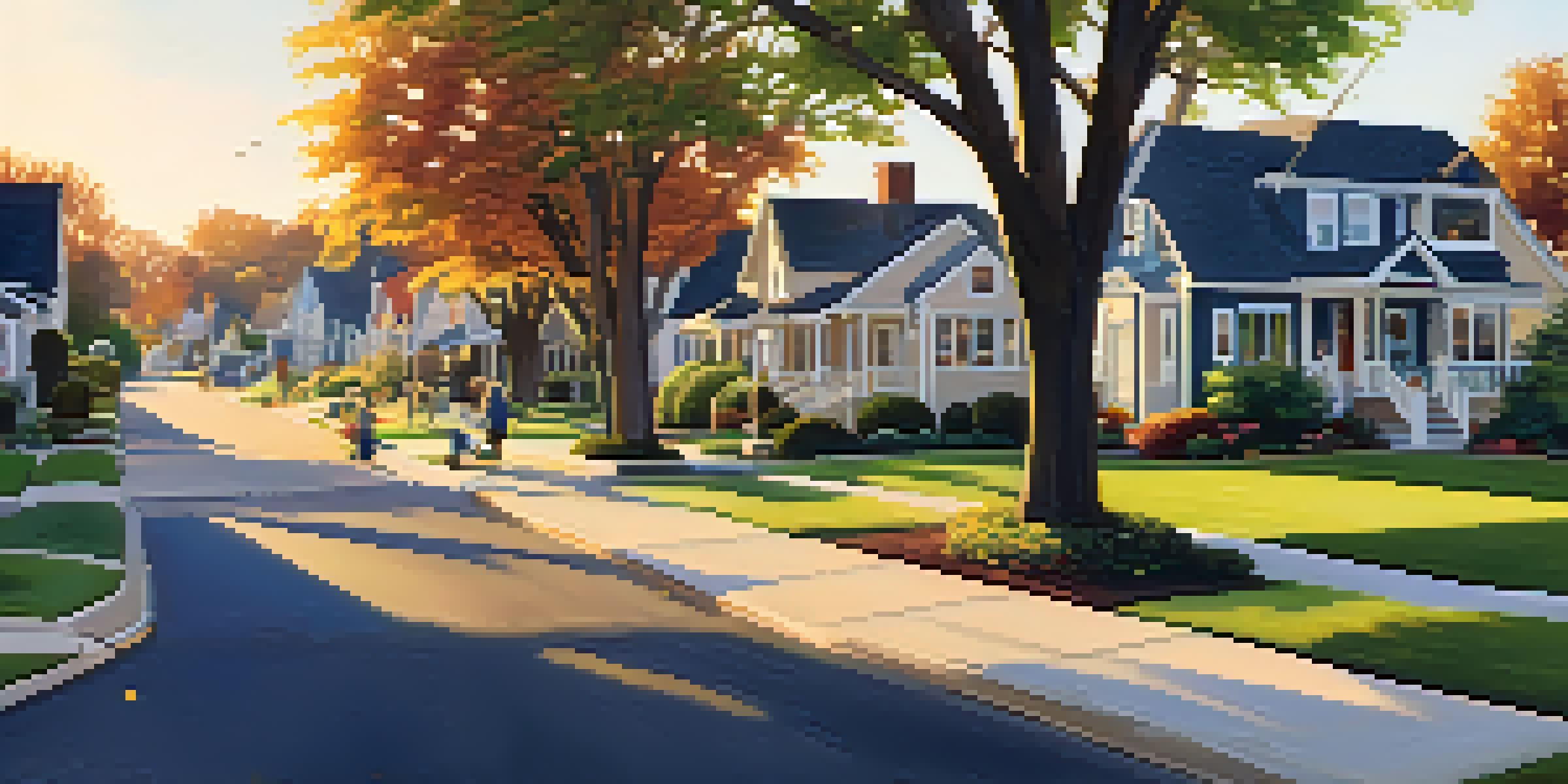 A picturesque suburban neighborhood with diverse houses, green lawns, and children playing in the warm sunlight.