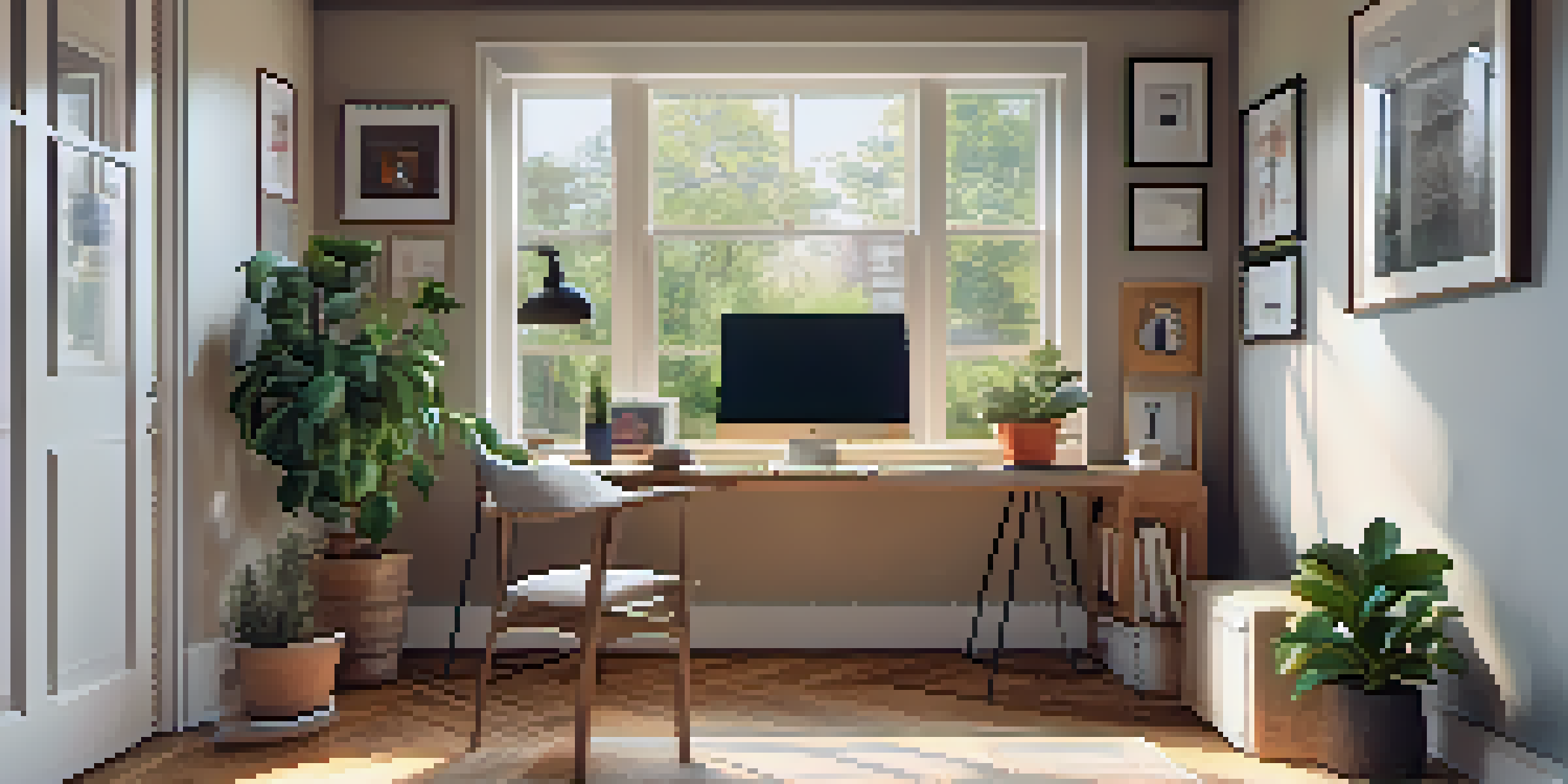 A well-organized home office with a laptop, a potted plant, and artwork, illuminated by soft natural light from a nearby window.