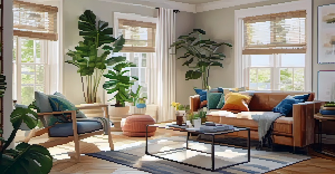 A modern living room with a plush sofa, wooden coffee table, and bright natural light from a large window, decorated with plants and colorful cushions.